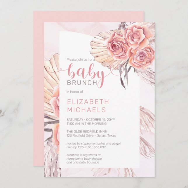 Pampas Grass |Pink Rose Blooms Girl Baby Brunch Invitation (Front/Back)