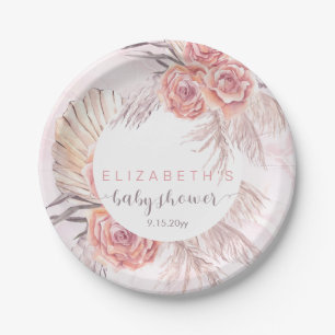Pampas Grass  Pink Rose Blooms Girl Baby Shower Paper Plate