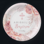 Pampas Grass |Pink Rose Blooms Girl Baptism Paper Plate<br><div class="desc">Whimsical watercolor dried pink roses,  pampas grass and palm leaves floral girl "Baptism" design on a faux pink marble background.  Composite design by Holiday Hearts Designs (rights reserved).</div>