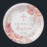 Pampas Grass |Pink Rose Blooms Girl Baptism Paper Plate<br><div class="desc">Whimsical watercolor dried pink roses,  pampas grass and palm leaves floral girl "Baptism" design on a faux pink marble background.  Composite design by Holiday Hearts Designs (rights reserved).</div>