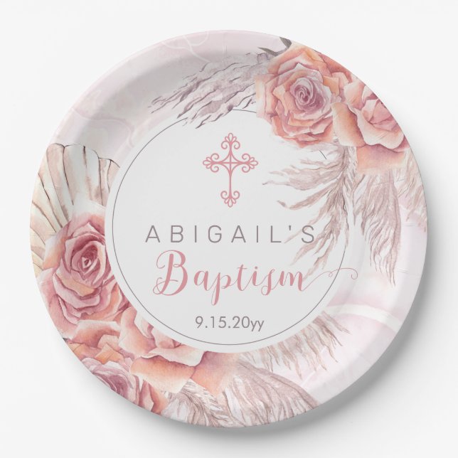 Pampas Grass |Pink Rose Blooms Girl Baptism Paper Plate (Front)