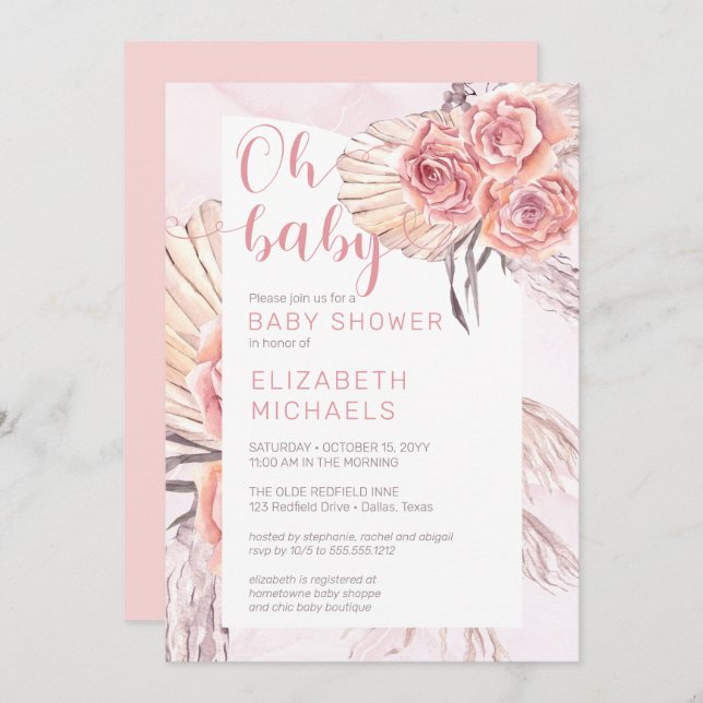 Pampas Grass |Pink Rose Blooms Girl Oh Baby Shower Invitation (Front/Back)