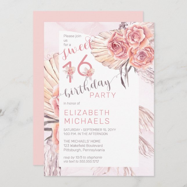 Pampas Grass |Pink Rose Blooms Sweet 16 Party Invitation (Front/Back)