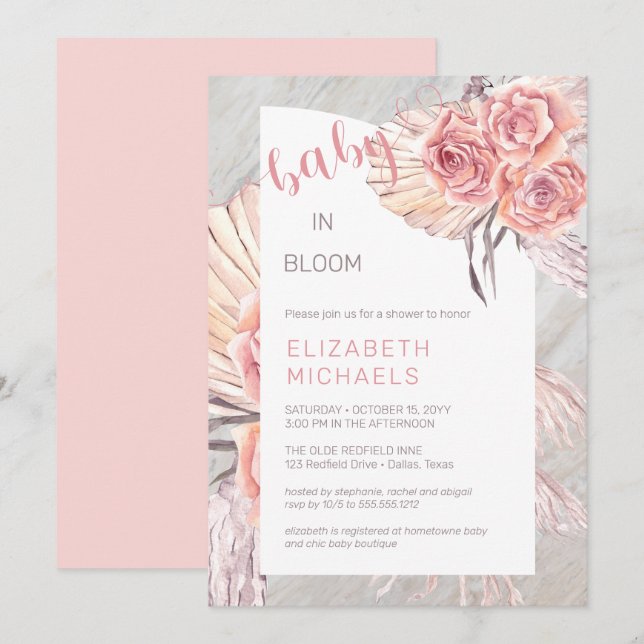Pampas Grass |Pink Roses Baby in Bloom Girl Shower Invitation (Front/Back)