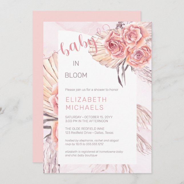 Pampas Grass |Pink Roses Baby in Bloom Girl Shower Invitation (Front/Back)