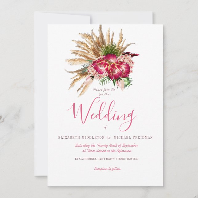 Pampas Grass Protea Floral Rustic Wedding Invitation (Front)
