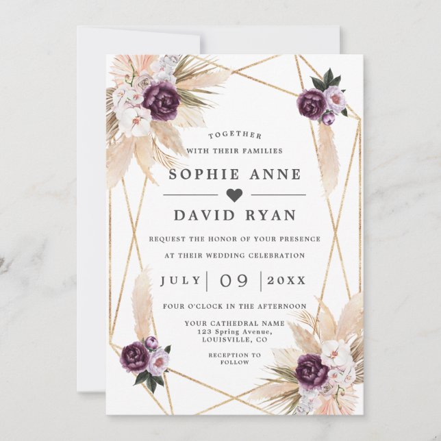 Pampas Grass Purpl Floral Gold All In One Wedding  Invitation (Front)