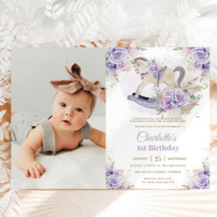 Pampas Grass Purple Floral Rocking Horse Birthday Invitation