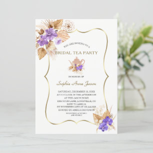 Pampas Grass Purple Orchid Gold Bridal Tea Party  Invitation