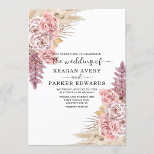 Pampas Grass Rose and Purple Wedding Invitation