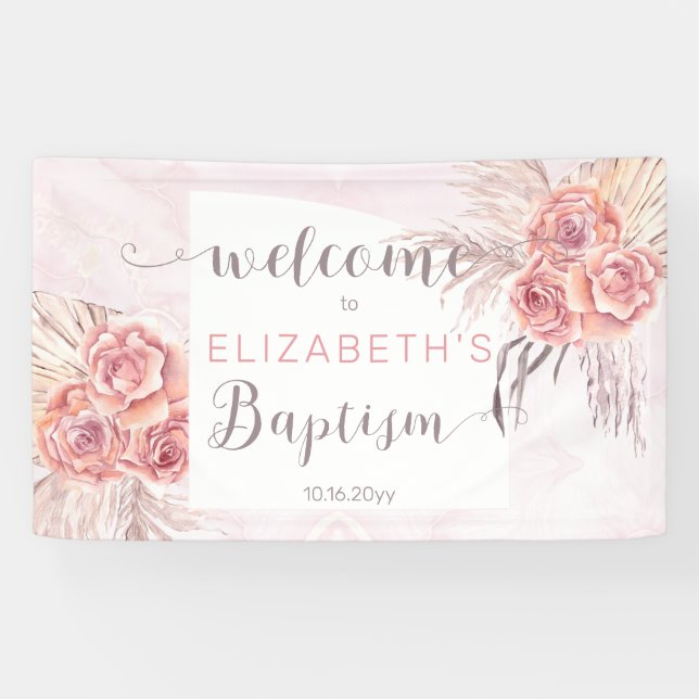 Pampas Grass |Rose Blooms Girl Baptism Welcome  Banner (Horizontal)