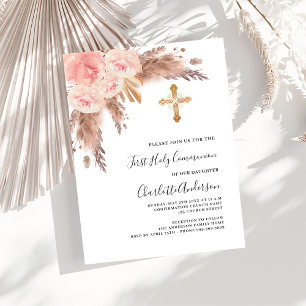Pampas grass rose blush cross first holy communion invitation postcard