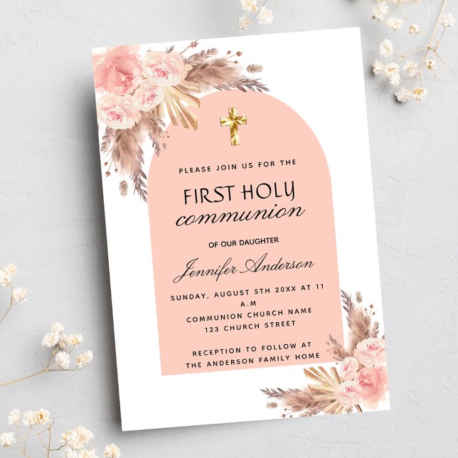 Pampas grass rose blush first communion luxury invitation (Creator Uploaded)