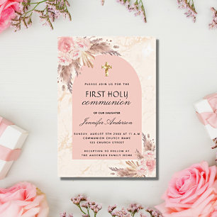 Pampas grass rose blush first holy communion invitation