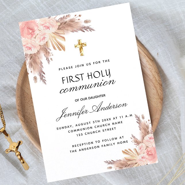 Pampas grass rose blush first holy communion invitation (Creator Uploaded)