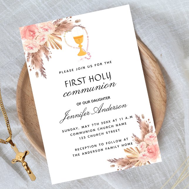 Pampas grass rose blush first holy communion invitation postcard (Creator Uploaded)