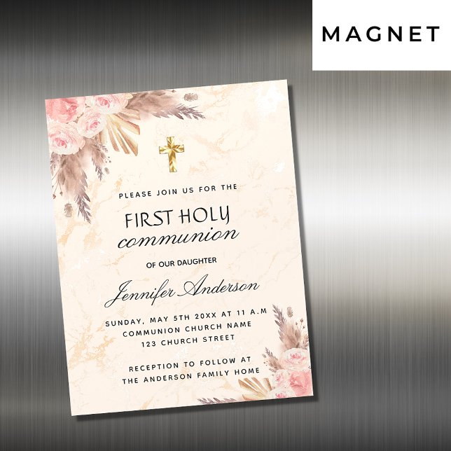 Pampas grass rose blush first holy communion magnetic invitation (Creator Uploaded)