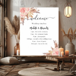 Pampas grass rose floral wedding program timeline poster