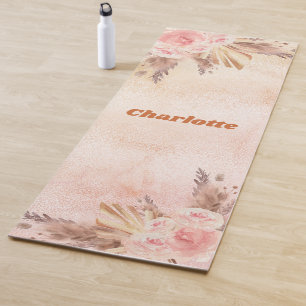 Pampas grass rose gold blush florals boho name yoga mat