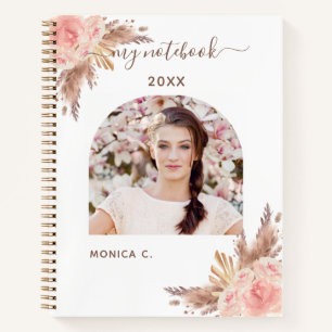 Pampas grass rose gold blush pink floral photo notebook