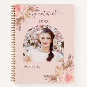 Pampas grass rose gold blush pink floral photo notebook