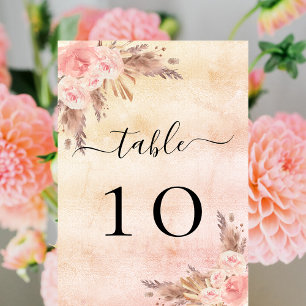 Pampas grass rose gold blush pink flowers table number