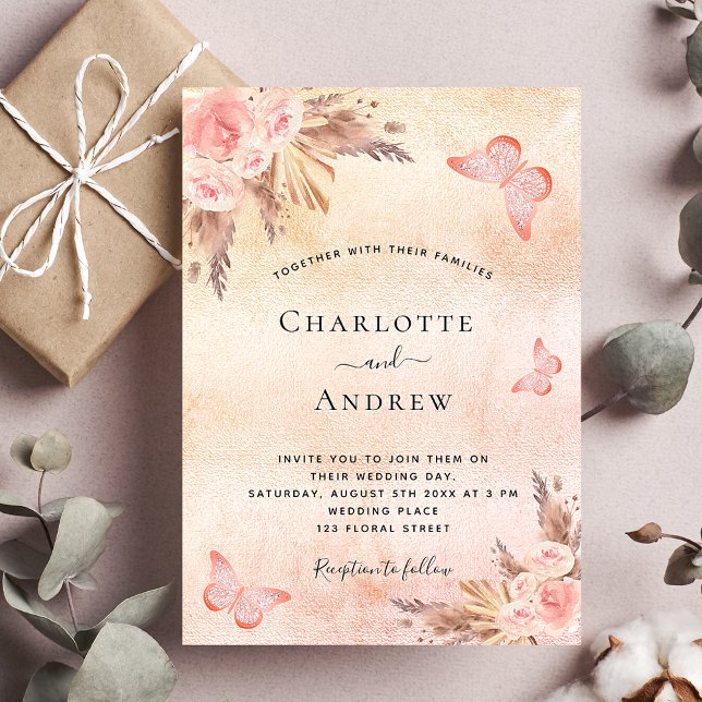 Pampas grass rose gold butterfly boho wedding invitation (Creator Uploaded)