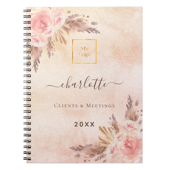 Pampas grass rose gold floral business logo notebook (Front)