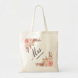 Pampas grass rose gold floral white bride mrs tote bag