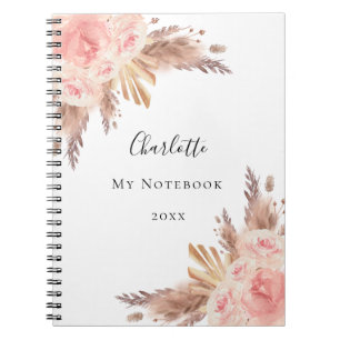 Pampas grass rose gold florals name notebook