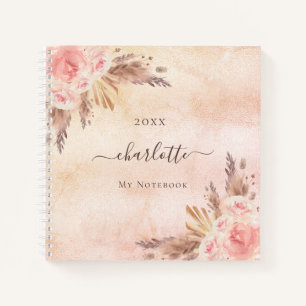 Pampas grass rose gold florals name notebook