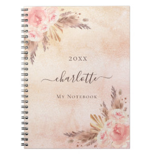 Pampas grass rose gold florals name notebook