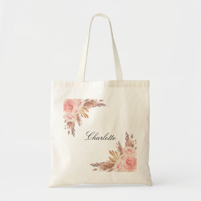 Pampas grass rose gold flowers name elegant tote bag (Front)