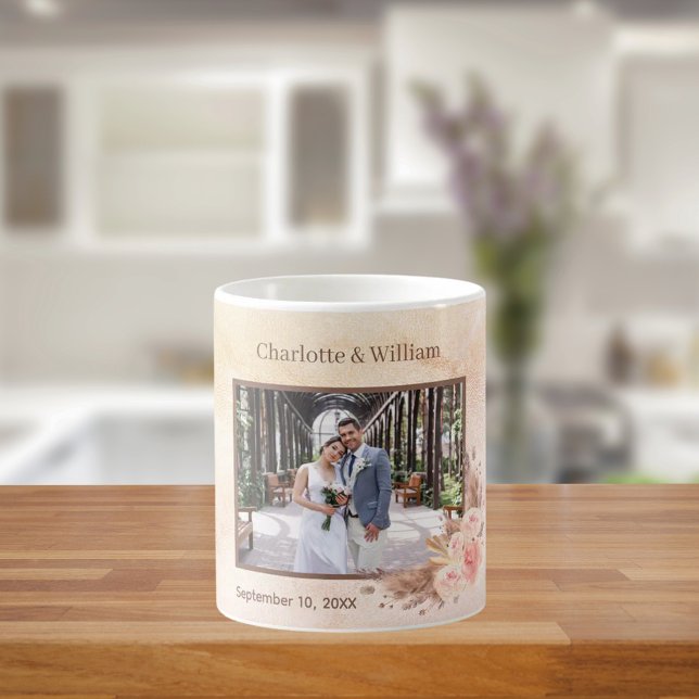 Pampas grass rose gold photo pink florals wedding coffee mug (Creator Uploaded)