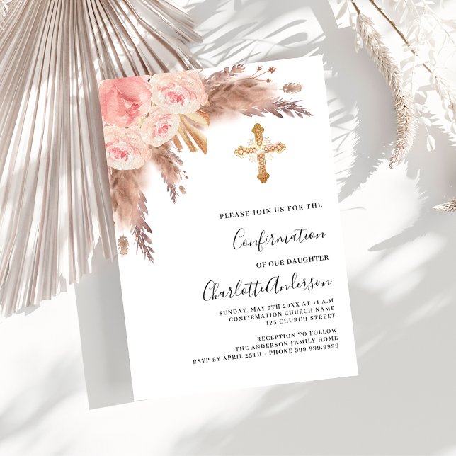 Pampas grass rose gold pink cross confirmation invitation (Creator Uploaded)