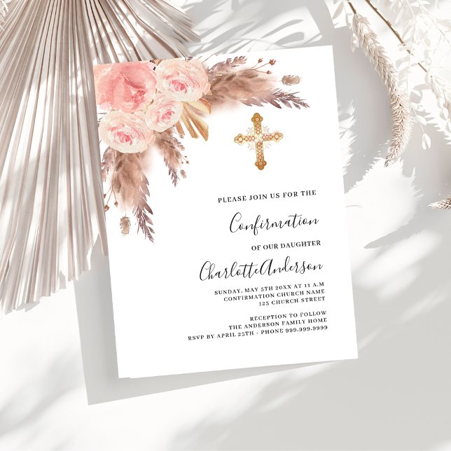 Pampas grass rose gold pink cross confirmation invitation postcard (Creator Uploaded)