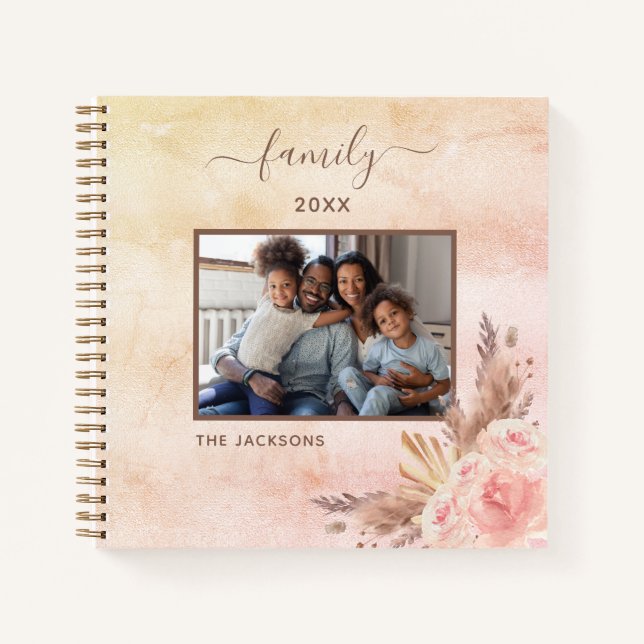Pampas grass rose gold pink florals family photo notebook (Front)
