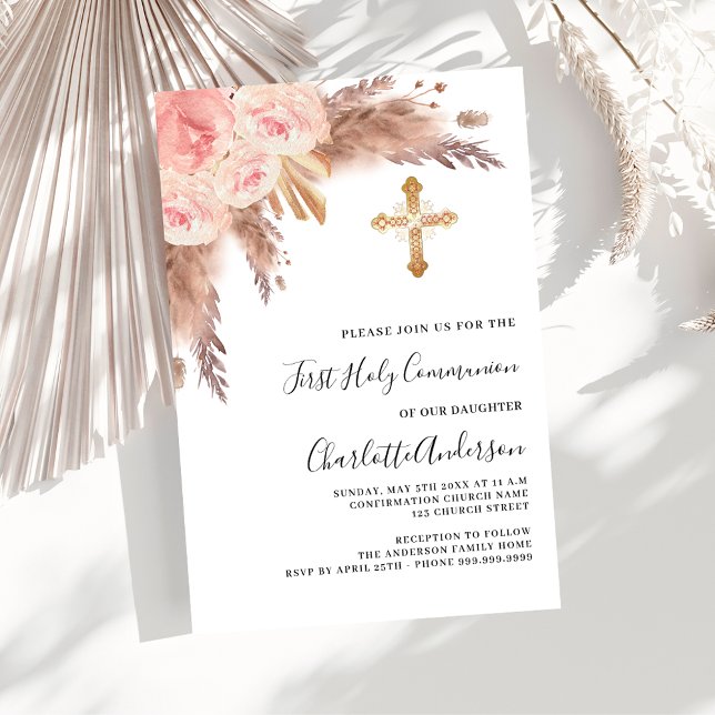 Pampas grass rose pink luxury first communion invitation (Creator Uploaded)
