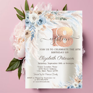 Pampas Grass Roses Ivory 18th Birthday  Invitation