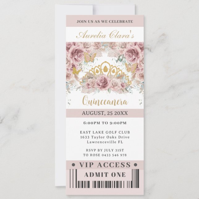 Pampas Grass Roses Quinceañera Sweet 16 VIP Ticket Invitation (Front)