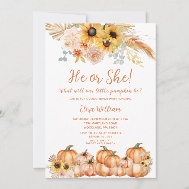 Pampas Grass Rust Orange Pumpkin Gender Reveal  Invitation (Front)