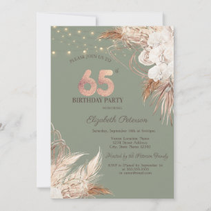 Pampas Grass Sage Green 65th Birthday Invitation
