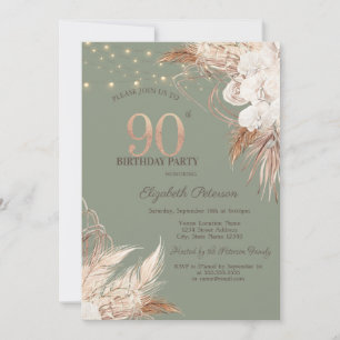 Pampas Grass Sage Green 90th Birthday Invitation