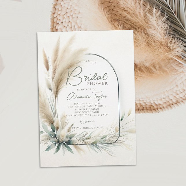 Pampas Grass Sage Green Boho Arch Bridal Shower Invitation (pampas grass bridal shower invitation boho arch dried flowers sage green white minimalist bohemian)