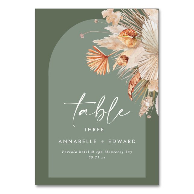 Pampas Grass Sage Green Rust Bohemian Modern Table Number (Front)