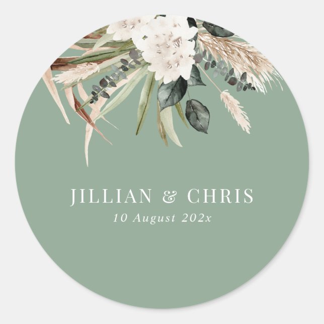 pampas grass sage green wedding classic round sticker (Front)