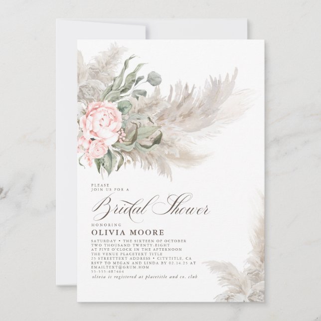 Pampas Grass Sage Greenery Floral Bridal Shower Invitation (Front)