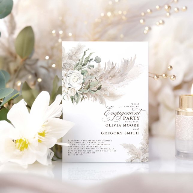 Pampas Grass Sage Greenery Floral Engagement Party Invitation (Boho Pampas Grass and Greenery Engagement Party Invitations)
