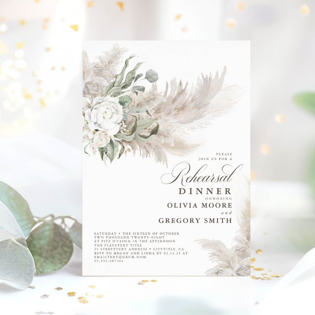 Pampas Grass Sage Greenery Floral Rehearsal Dinner Invitation (Pampas Grass and Eucalyptus Invitations)
