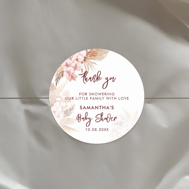 Pampas Grass Script Girl Baby Shower Classic Round Sticker (Pampas Grass Script Terracotta Thank You Classic Round Sticker)
